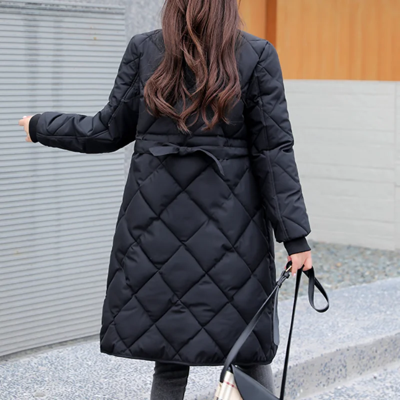 Women's Parkas Thick Cotton Padded Outerwear Casual Coats 2023 Winter Solid Long Jacket Female Stand Collar Overcoat with Sashes
