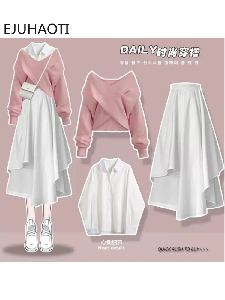 

Preppy Style Sweet Wind Suit Female Student Korean Cross Sweater+shirt+skirt Three Piece Suit Skirt Sets Korea Style All Season