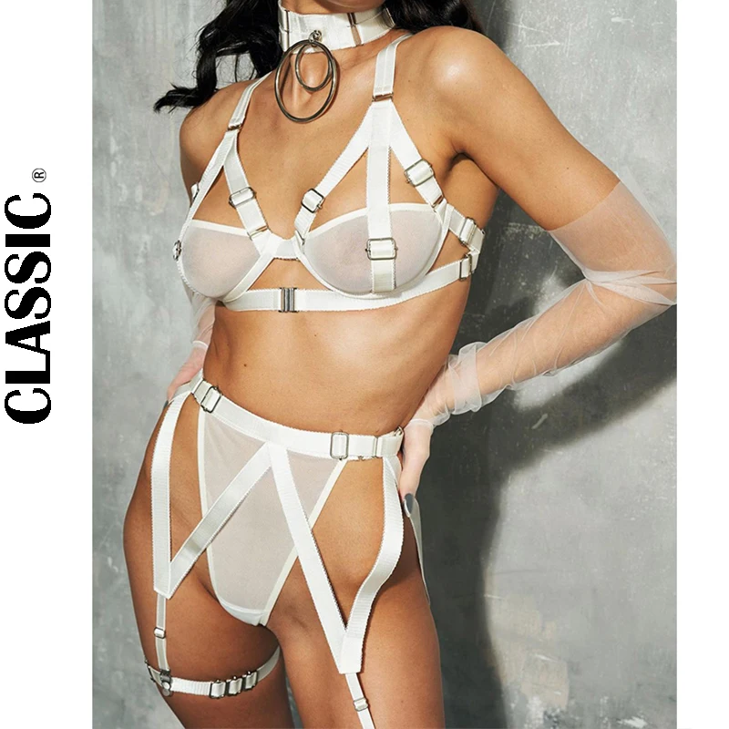 

Classic Underwear Sexy Hollow Out Three Piece Transparent Lace Erotic Shorts Binding Bra Set Push Up Garter Luxury Set