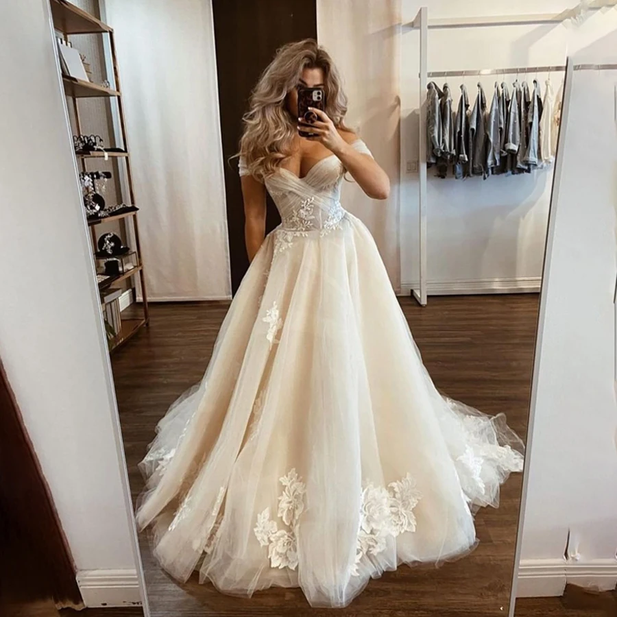 

Nude Off-the-Shoulder Wedding Dress with Crisscross Ruched Tulle Stunning Bridal Gown vestido de novia a medida