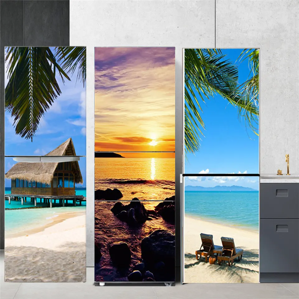 

3D Blue Sky Beach Scenery Wallpaper Refrigerator Cover Sticker Self Adhesive Removable Fridge Door Decals For Kitchen Home Decor