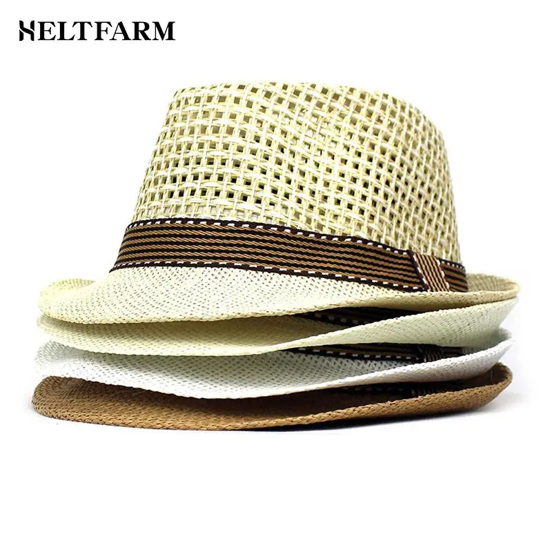 

British Men Beach Sun Hats Summer Cowboy Fedora Retro Jazz Hat Breathable Straw Caps Outdoor Panama Man Gentleman Holiday Sunhat