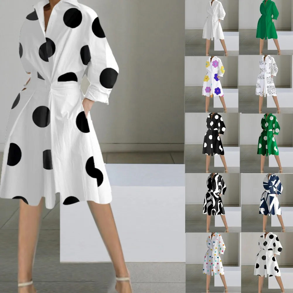 

Женские платья с длинным рукавом, платье в горошек, Свободный пуловер с талией и отложным воротником, повседневные платья до колен, осень 2023, свободный крой