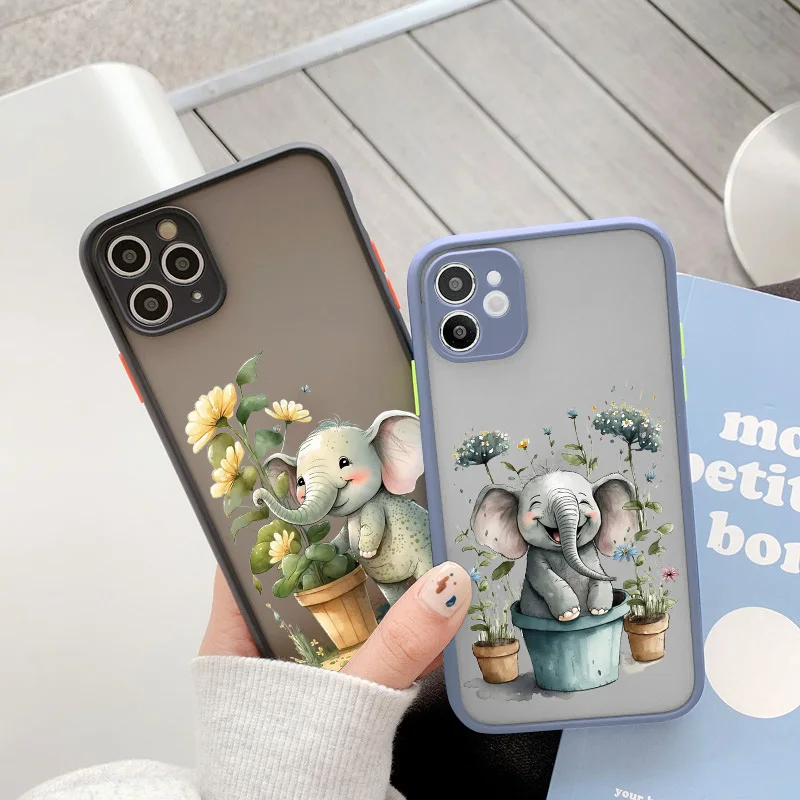

Cute Cartoon Elephant Animals And Potted Plant Phone Case For iPhone 14 Plus 13 12 Mini 11 Pro MAX XS XR X 7 8 Plus SE2 Covers