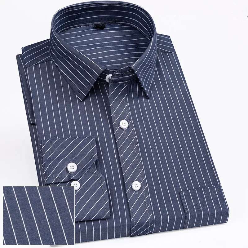 New Shirts Striped Mens Long Sleeve Casual Business Basic Plaid Standard-fit Korean Style Single Patch Pocket Office Streetwear