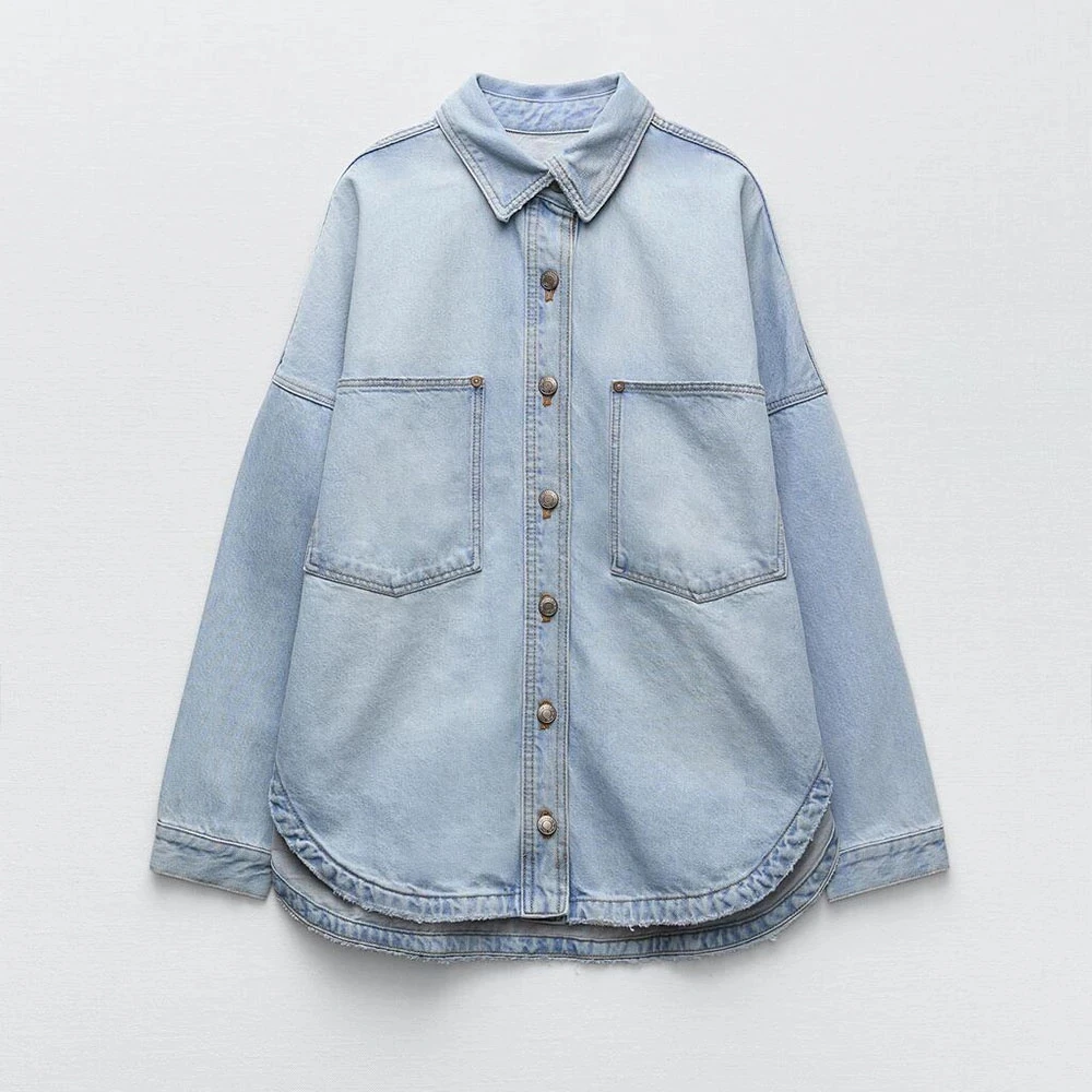 

2023 Autumn Denim Shirt Coat Women Long Sleeve Pocket Cardigan Streetwear BF Jacket Jeans Harajuku Single Breasted Outwear Tops