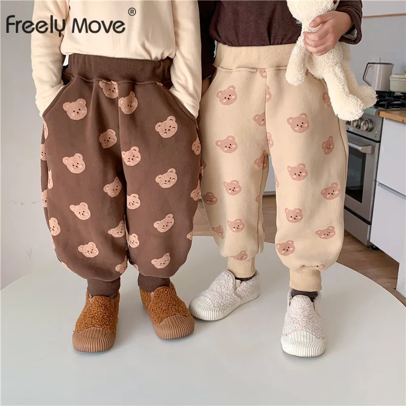 

2022 Kids Pants Winter Thick Fleece Trousers Autumn Children Sports Pant Girls Elastic Waist Bear Print Sweatpant for Boys