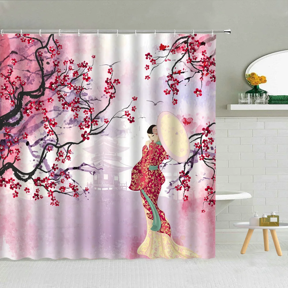 

Japanese Traditional Theme Shower Curtain Kimono Female Sakura Pavilion Bird Bathroom Decorative Hook