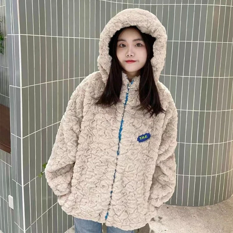 New Winter Coat for Women Faux Fur Coats Hooded Jackets Warm Thickened Lamb Wool Coat Korean Fashion