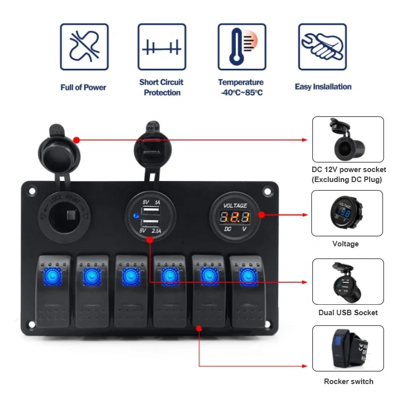 (1 упаковка) 5V Dual 2.1A USB зарядное устройство 6 Gang Boat 12V алюминиевая клавишная панель