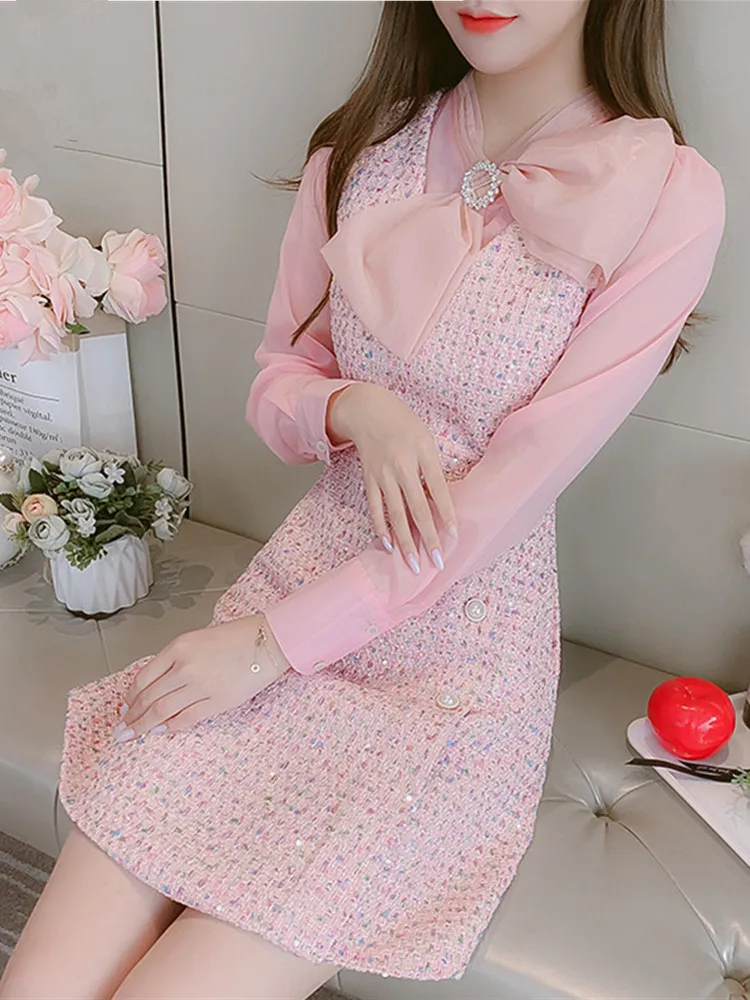

SMTHMA New Fashion Patchwork Thick Woolen Diamonds Bow Tie Tweed Dresses Winter Women Long Sleeve Elegant Pink Vestidos