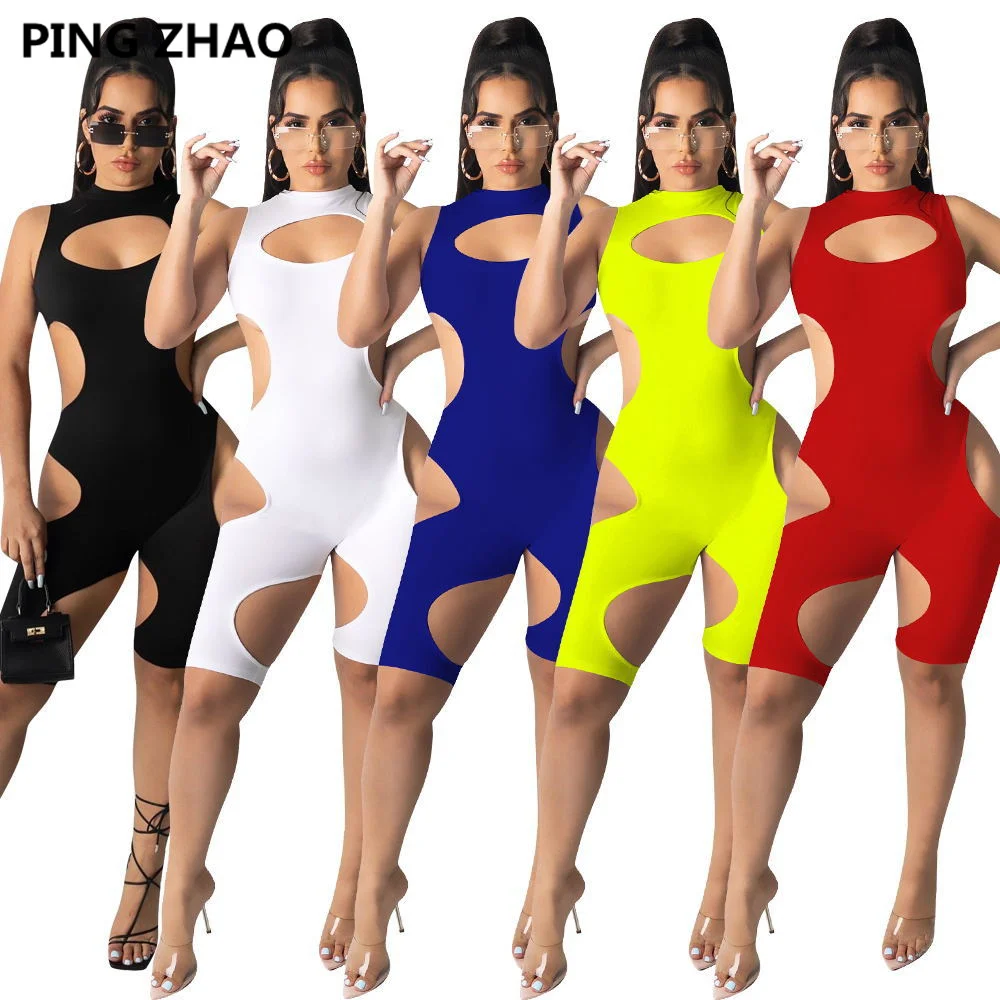

PING ZHAO Women Sleeveless Cut Out Hole Romper 2022 New Summer Sexy Turtlenck Club Party One Piece Overall Playsuits