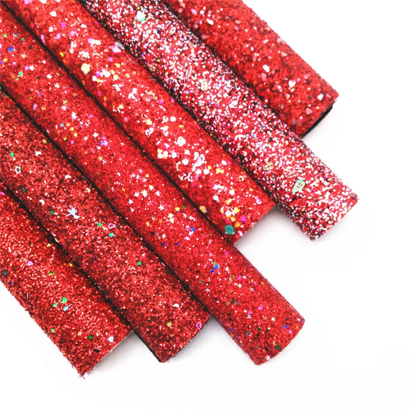 Various Red Glitter Leather Fabric Sheets Christmas Red Chunky Glitter Faux Leather Fabric for DIY Craft 8.2