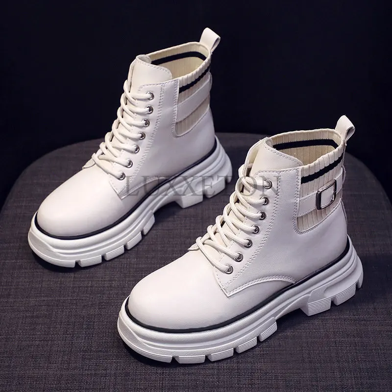 

Women Ankle Boots Thick Soled Socks Heel Shoes Pu Elegant Medium Elastic White Fashion 2022 New