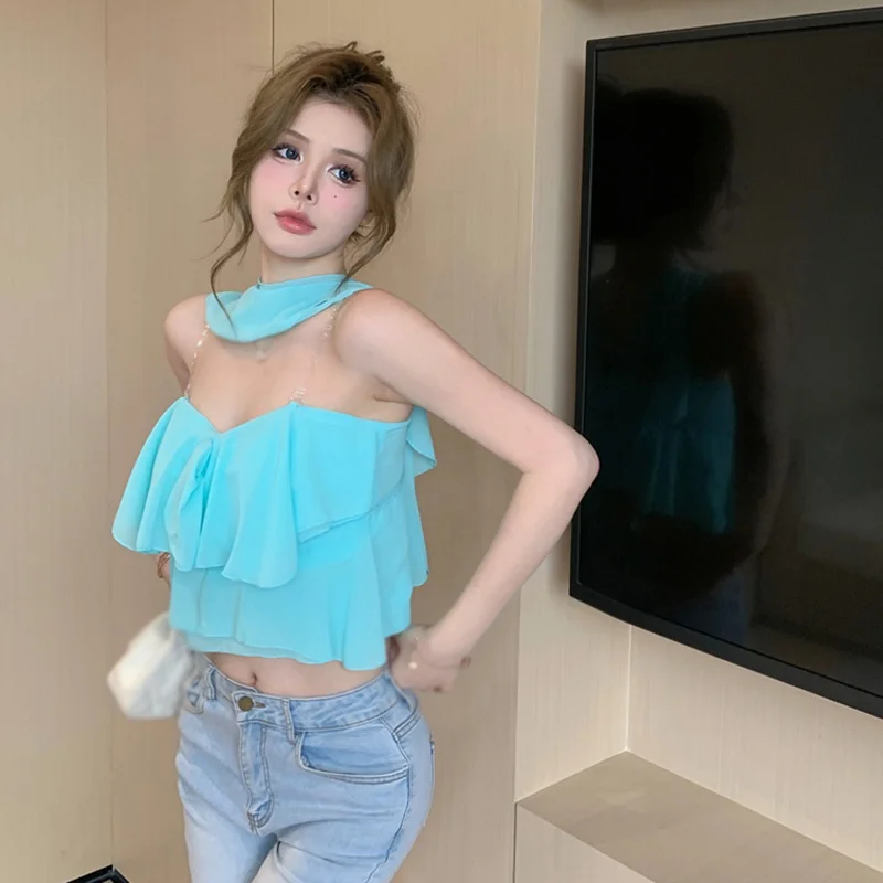 

Summer Ruffles Solid Slim Crop Tops Sexy Camis Women Slash Neck Backless Sleeveless Elegant Party Tank Top Female