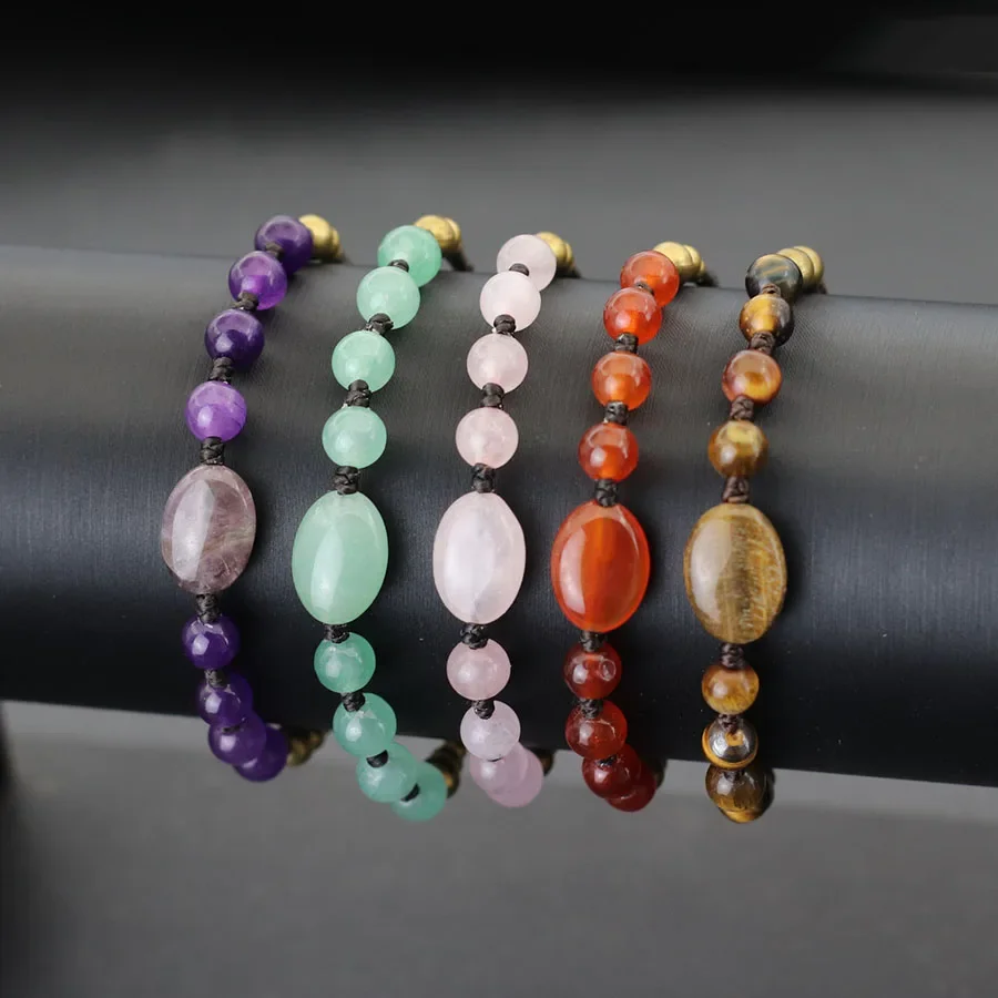 Тканый Женский Браслет В Стиле Бохо С Натуральными Тигровым Глазом Аметистными