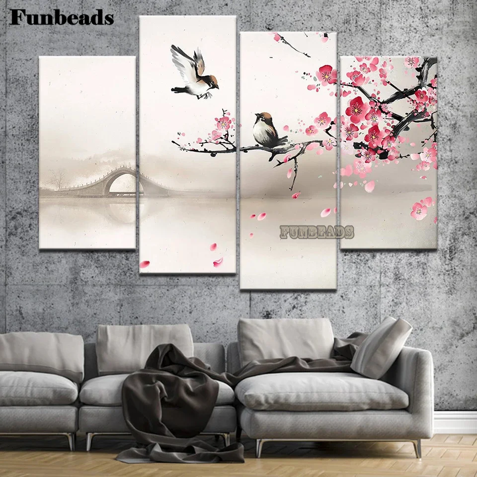 

5D полноразмерная квадратная и круглая Алмазная вышивка крестиком китайская Сливовая расцветка классический стиль 4 алмазных картины для гостиной настенное искусство FF7374