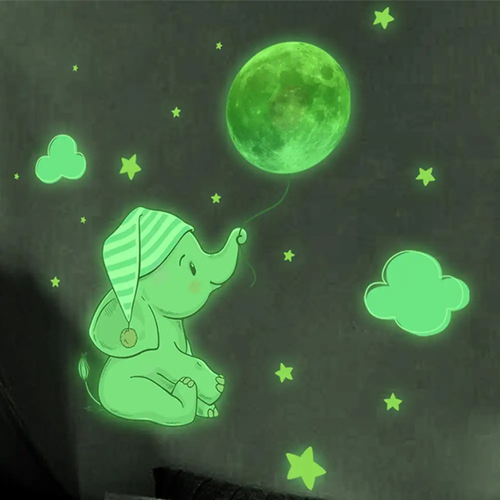 

Baby Elephant Moon Luminous Wall Sticker For Baby Kids Room Bedroom Home Decoration Decals Glow In The Dark Combination Stickers