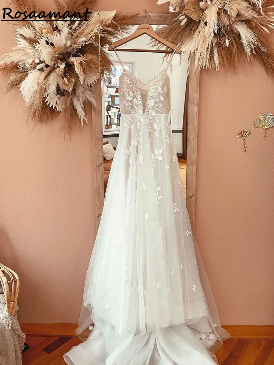 

2023 A Line Boho Blush Pink Wedding Dress Spaghetti Straps Lace Tulle V Neck Sleeveless Open Back trouwjurk Robe de mariee