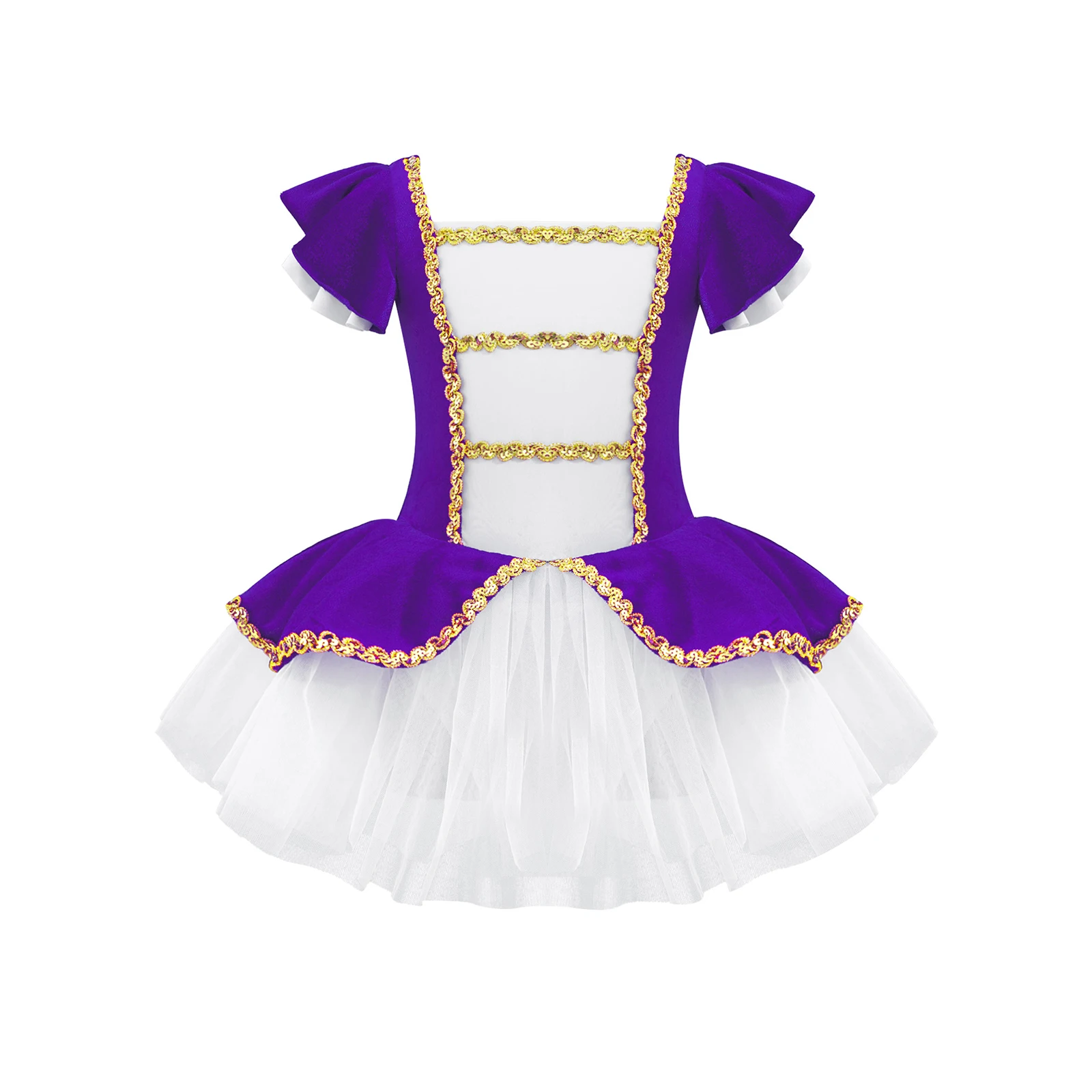 

Kids Girls Ballet Dance Princess Tutu Dance Dress Gymnastic Leotards Short Sleeves Dance Jumpsuit with Sequins Adorned Mesh Hem