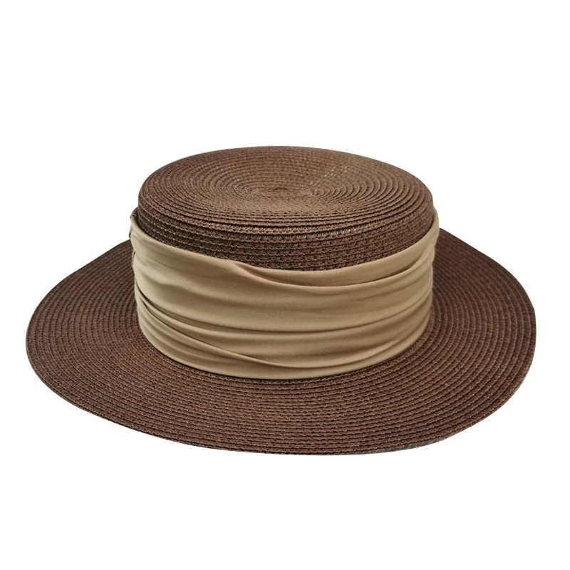 

Womens Straw Hat 2.4in Wide Brim Beach Hat Flat Top Summer Hat