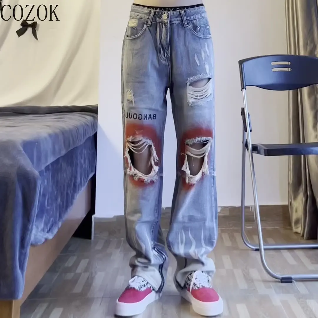 2022 Summer High Street American Ripped Long Jeans Graffiti Design Straight Loose Casual Trousers for Men and Women