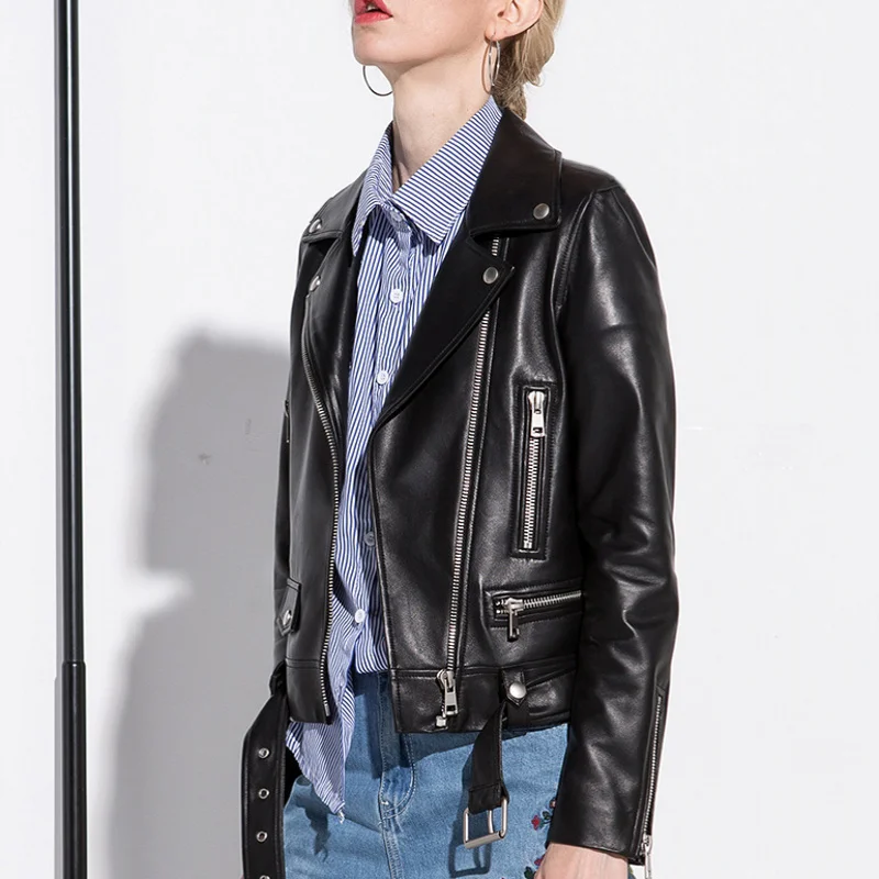 Women 2023 Natural New Sheepskin Genuine Leather Jacket Slim Female Real Lambskin Coat Motorcycle Leather Jackets Belt Outerwear