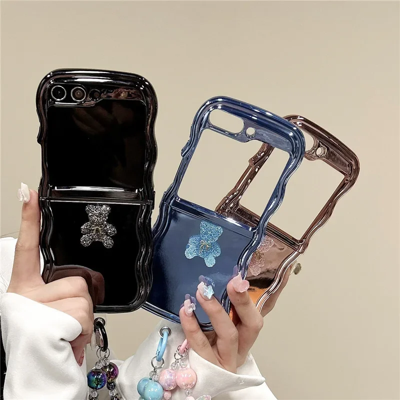 Блестящий чехол с медведем и гальваническим покрытием для телефона Samsung Galaxy Z Flip 6