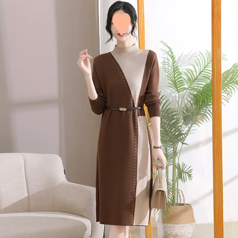 Autumn/Winter New High-End Versatile Fashionable Women's Sweater Dress Long Over-Knee Knitted Top With Belt