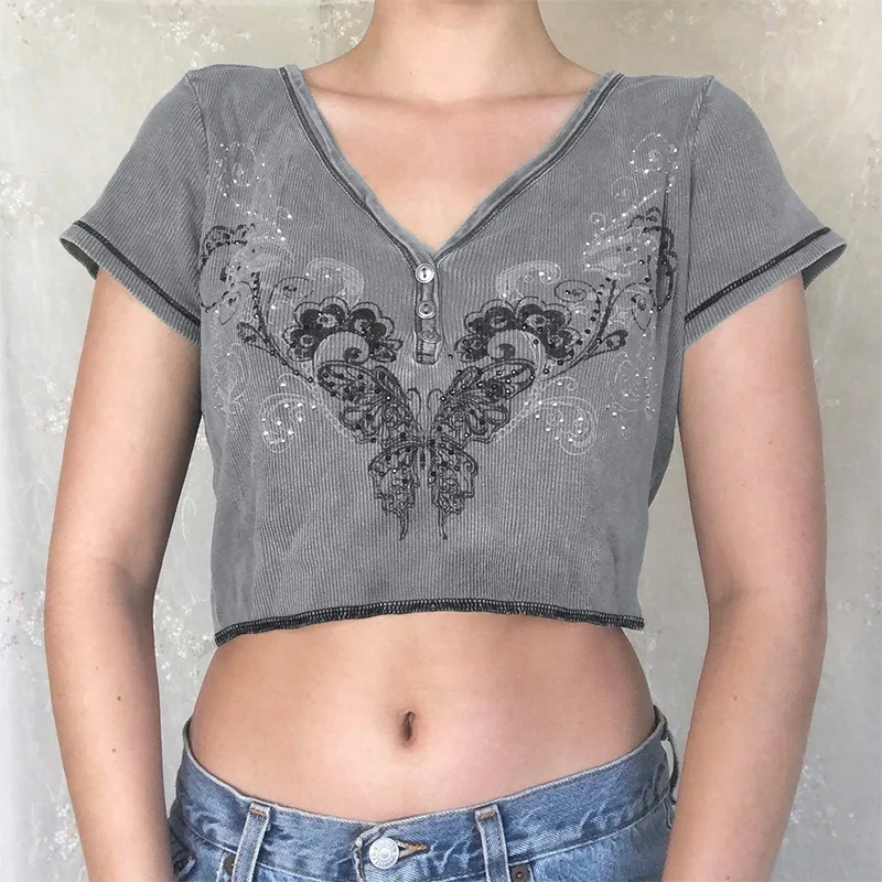 

Women Crop Top Summer T-shirts Short Sleeves V-neck Vintage Butterfly Rhinestones Print Tops Harajuku Fairy Grunge Aesthetic Y2k