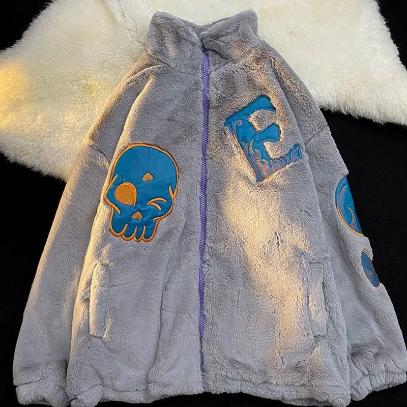 Street Fashion Y2K Casual Furry Jackets Imitation Rabbit Fur Coat Winter 2022 New Loose Embroidery Letters Zipper Jacket Women