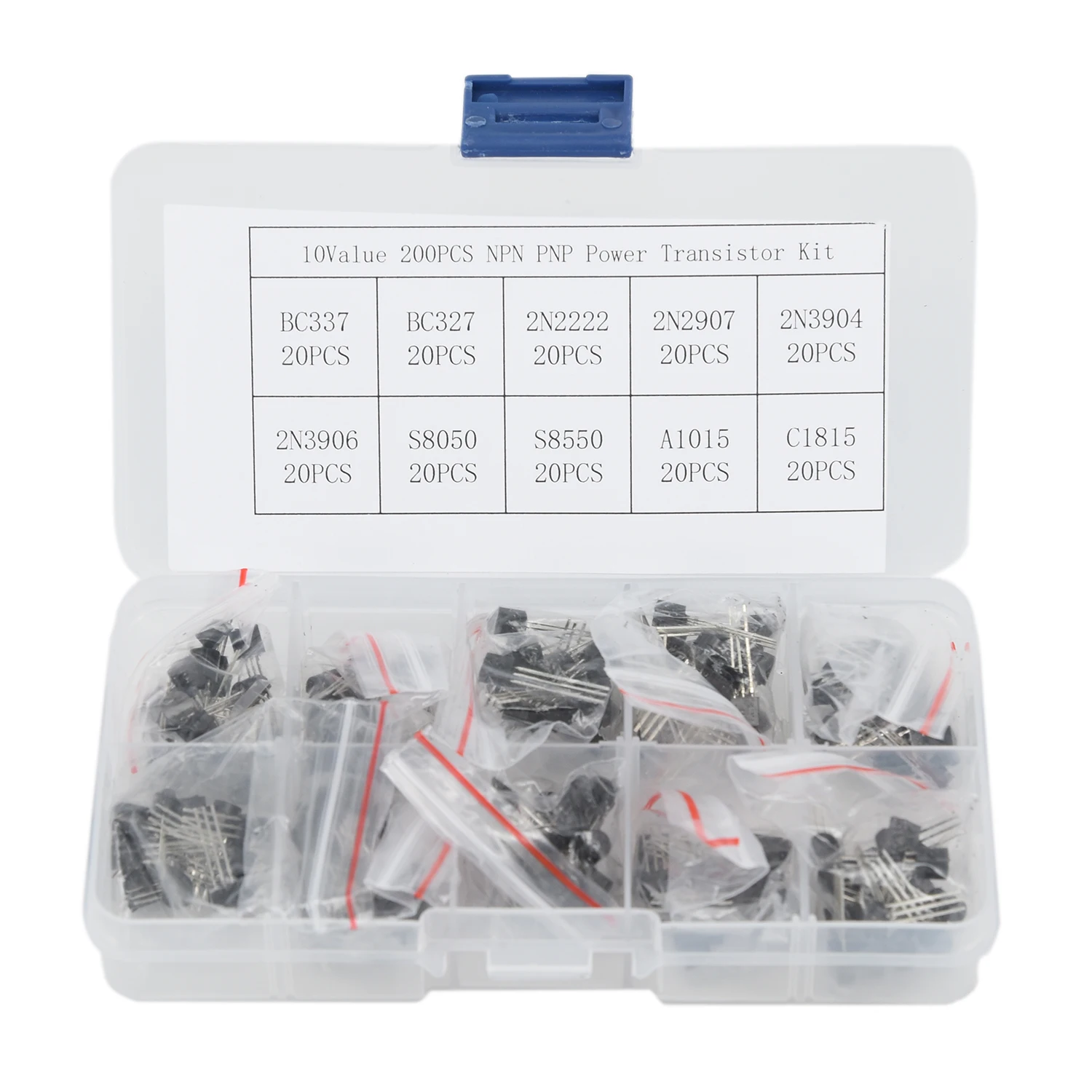 

200pcs 10 Types 20pcs NPN PNP Power Transistors Kit W/ Box BC337/BC327/2N2222/2N2907/2N3904/2N3906/S8050/S8550/A1015/C1815