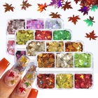 6 ячеек, голографические блестящие листья, хлопья для ногтевого дизайна, Осенний цвет, кленовые листья, дизайн сделай сам, инструменты для маникюра, ногти