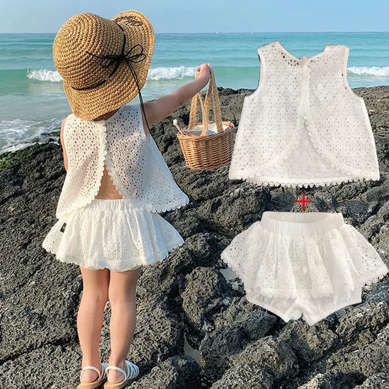 

Girls Summer Clothing Sets Hollow Lace Suit Baby Casual Sleeveless T-shirt+Shorts Kids Clothing Sets Baby Clothes Outfits