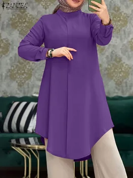 ZANZEA Autumn Women Muslim Tops Solid Color Long Sleeve O-Neck Blouse Vintage Elegant Fashion Loose Shirt Baggy Islamic Clothing 2