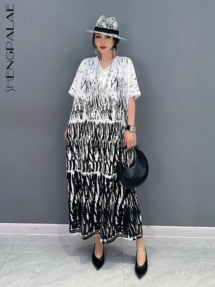 

SHENGPALAE, корейское модное платье с принтом для женщин, v-образный вырез, короткий рукав, контрастный цвет, свободная талия, Vestido, лето 2023, новинка 5R4110