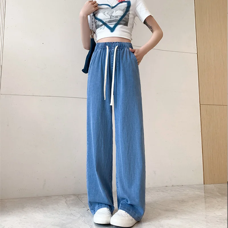 

Summer Thin Jeans Pants Women Baggy Straight Lyocell Denim Trousers Casual Elastic Waist Wide Leg Pants Fashion Streetwear Pant