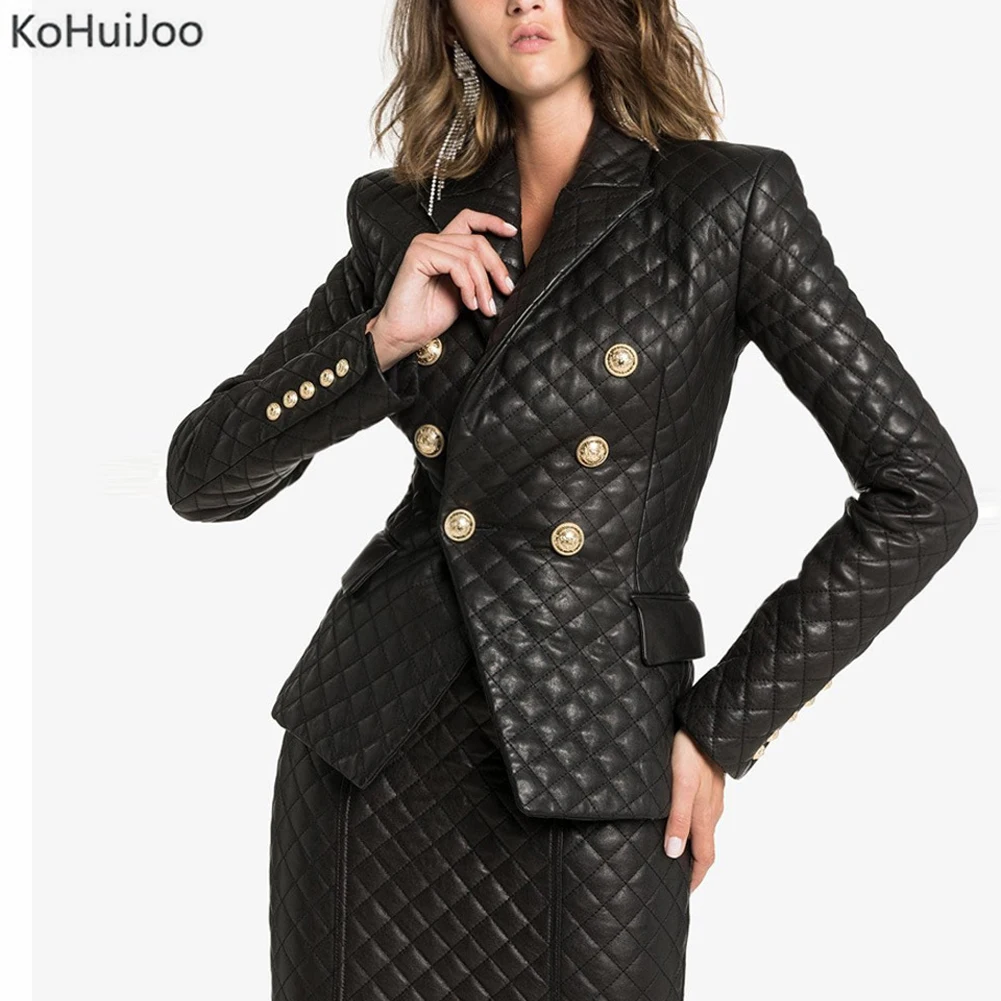 KoHuiJoo Ladies Leather Jacket Runway Fashion Gold Button Slim Faux Leather Blazer Coat Women Designs Moto Biker Jackets Black