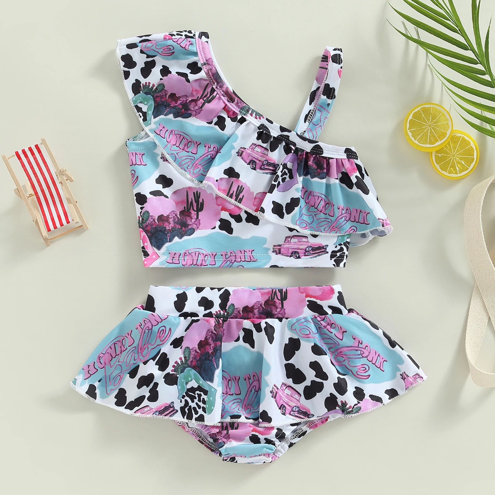 

EWODOS 1-4Years Baby Girls Summer 2PCS Vintage Print Bikini Set Swimwear One Shoulder Floral Tops + Tutu Ruffle Shorts Beachwear