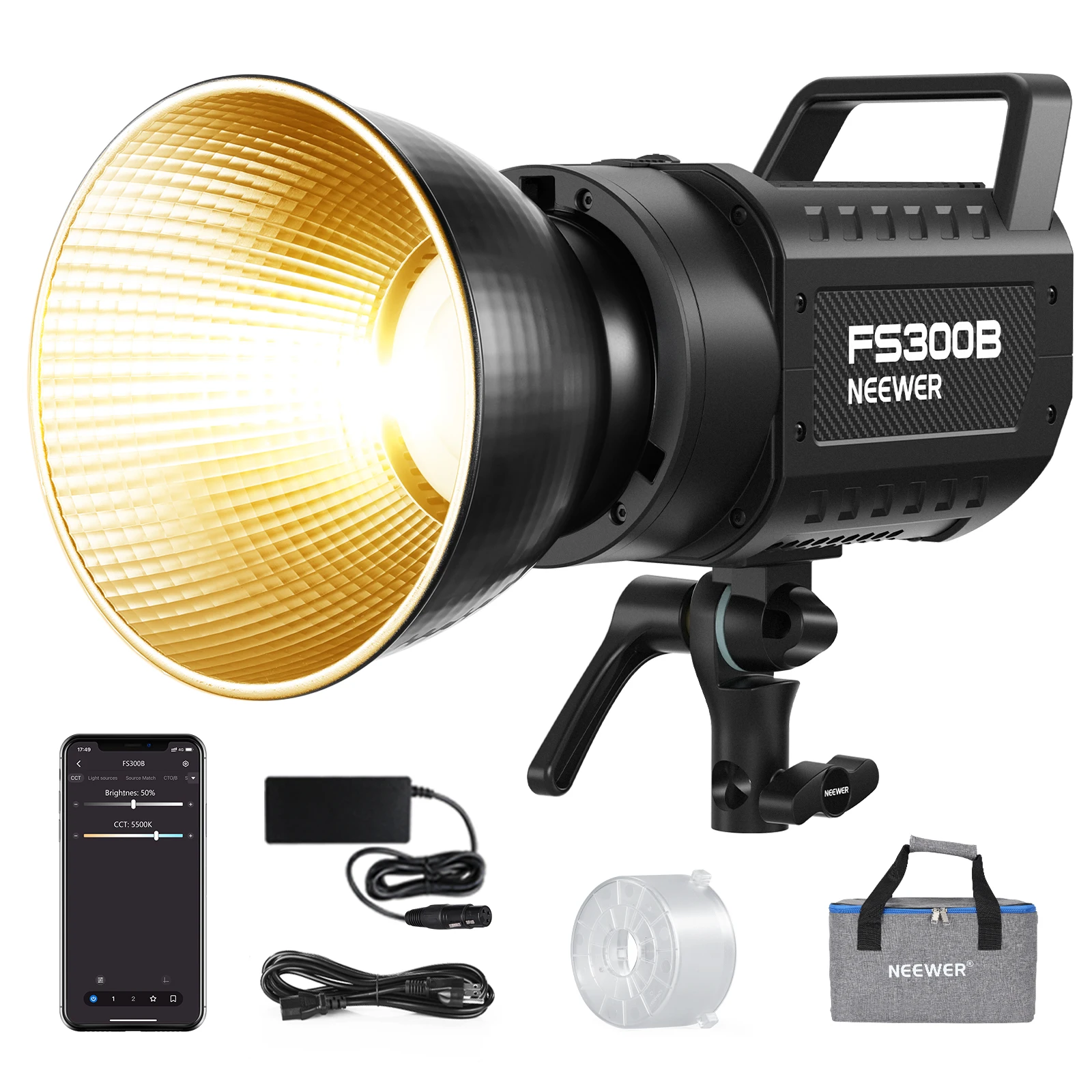 Фото NEEWER FS300B Светодиодный студийный видеосвет мощностью 300 Вт, двухцветное непрерывное освещение COB с управлением 2,4G/APP 44500 люкс/1 м 2700–6500 К №1