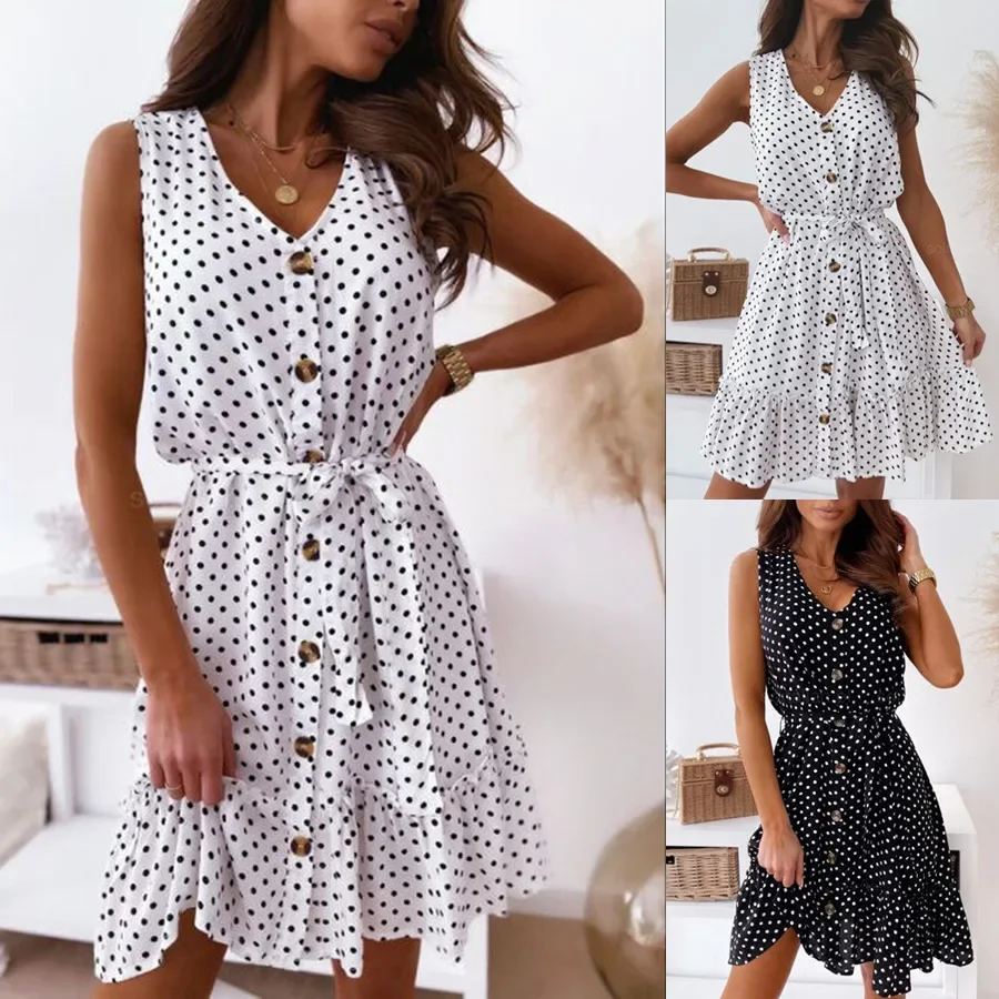 2021 Ebay Best Selling Summer New Style Polka Dot Splicing Sleeveless V-Neck Loose Fit Wide Hemming Dress