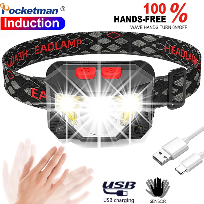 

Super bright Hands-free LED Headlamp Motion Sensor head lamp LED headlight Torch Built-in battery inductive with Portable box