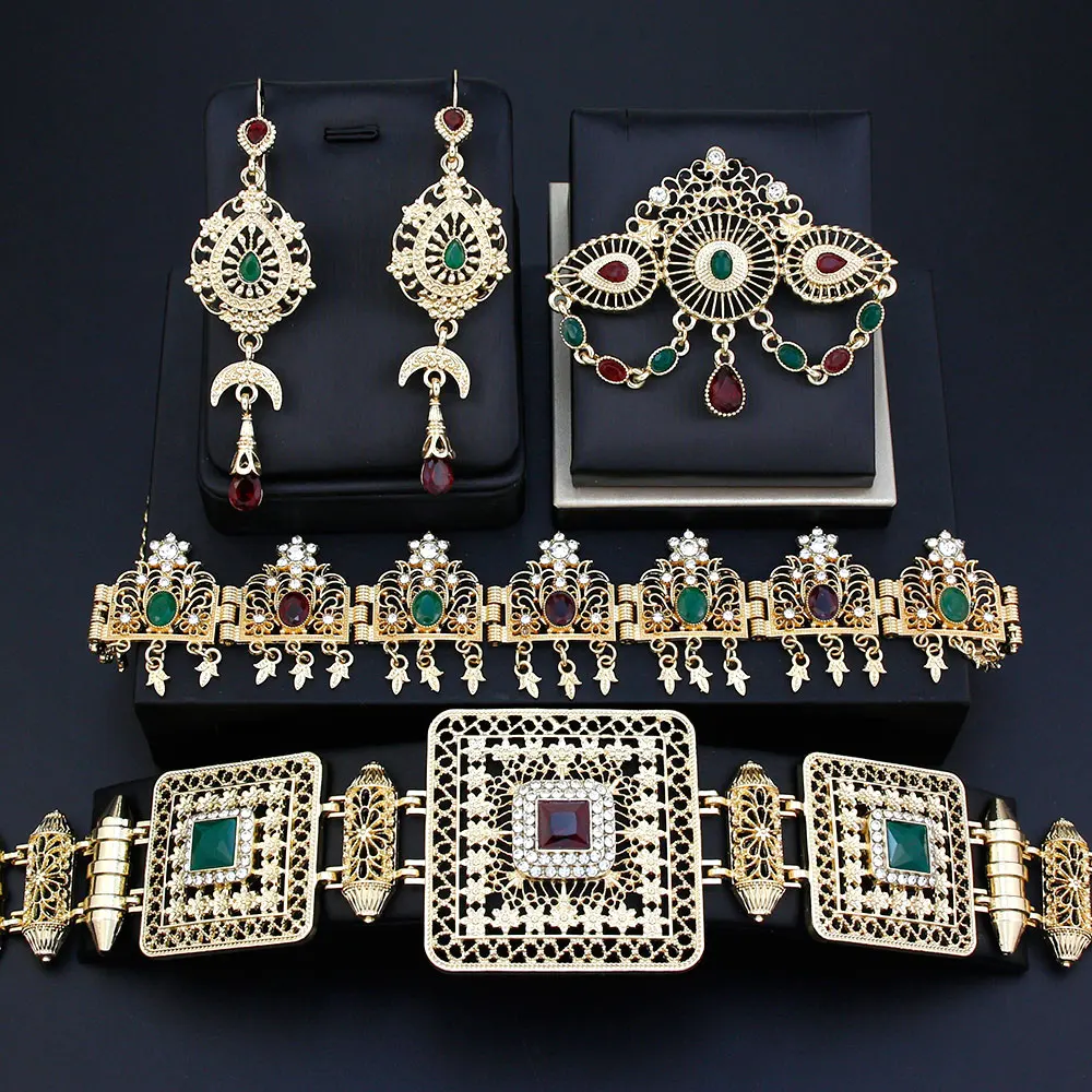 

Sunspicems Colorful Crystal Morocco Bride Jewelry Sets Women Caftan Belt Waist Chain Algeria Hair Chain Long Earring Brooch Pins