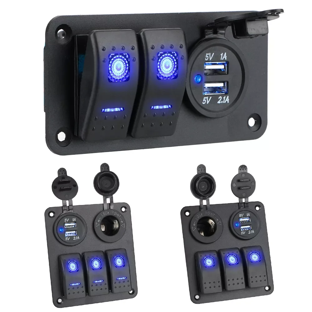 

12~24V LED Toggle Switch Panel Car Digital Voltmeter 2 USB Outlet Combination Blue Circuit Control Interior for Ship Boat Car RV
