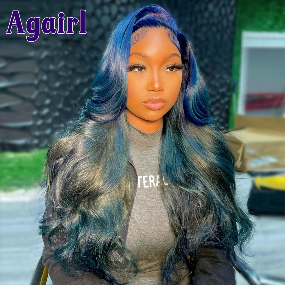 Wavy 13X6 Human Hair Lace Frontal Wig Highlight Ombre Blue with Black Lace Closure Wig 13X4 Body Wave Lace Front Wigs for Women
