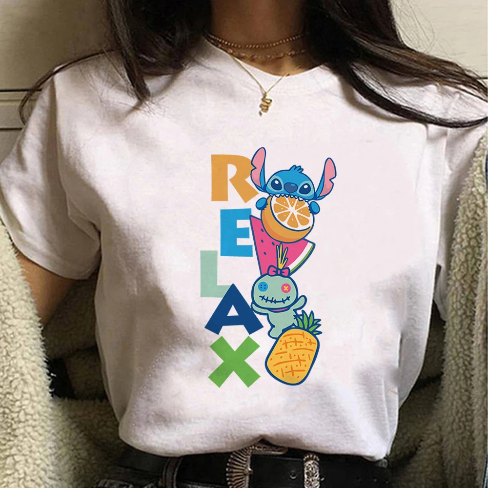 

Disney Summer Women's T-shirt RELAX Stitch Cozy Casual Home Clothes Aesthetic Harajuku Kawaii Lady Tops Youthful Style Blouse