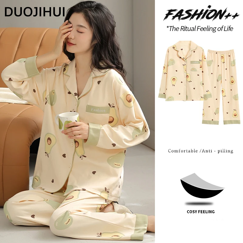 

DUOJIHUI Two Piece Basic with Chest Pad Female Pajamas Set Autumn Button Cardigans Fashion Pants Loose Simple Pajamas for Women