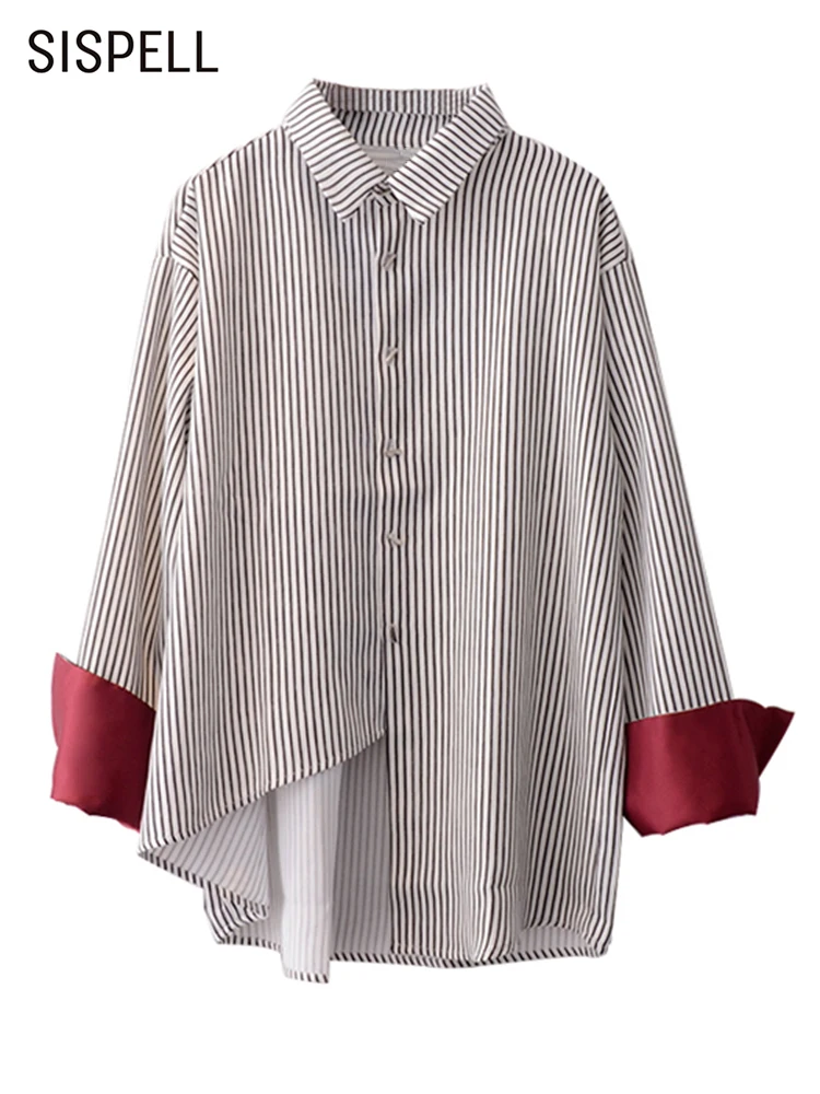 

SISPELL Vintage Fashion Striped Shirt For Women Lapel Long Sleeve Loose Patchwork Colorblock Blouses Female Spring Clothing 2022