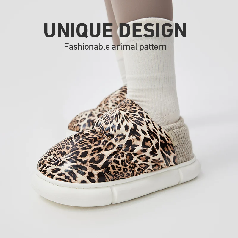 

UTUNE Leopard Print Toast Winter Women Slippers Waterproof Non-slip Outside Shoes For Men Warm Plush Flats 2022 New Fashion