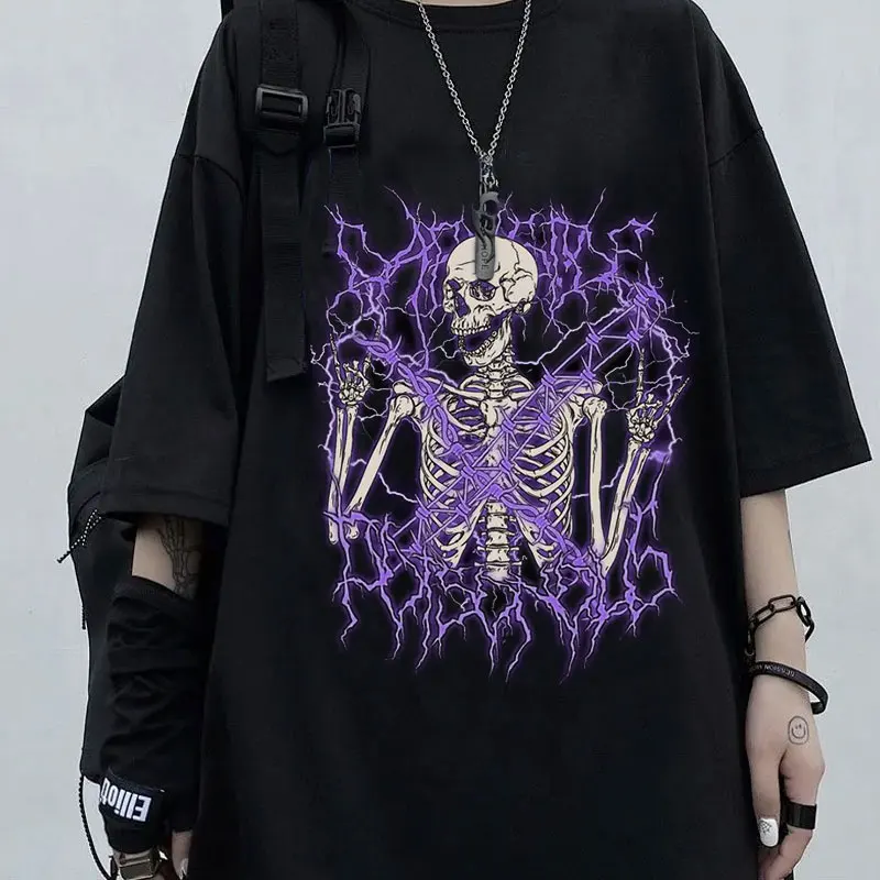 Summer Goth Plus Size Men T Shirt Graphic Top Female T-shirt Angel Skull Korean Fashion Short Sleeve T-shirts Cotton Streetwear